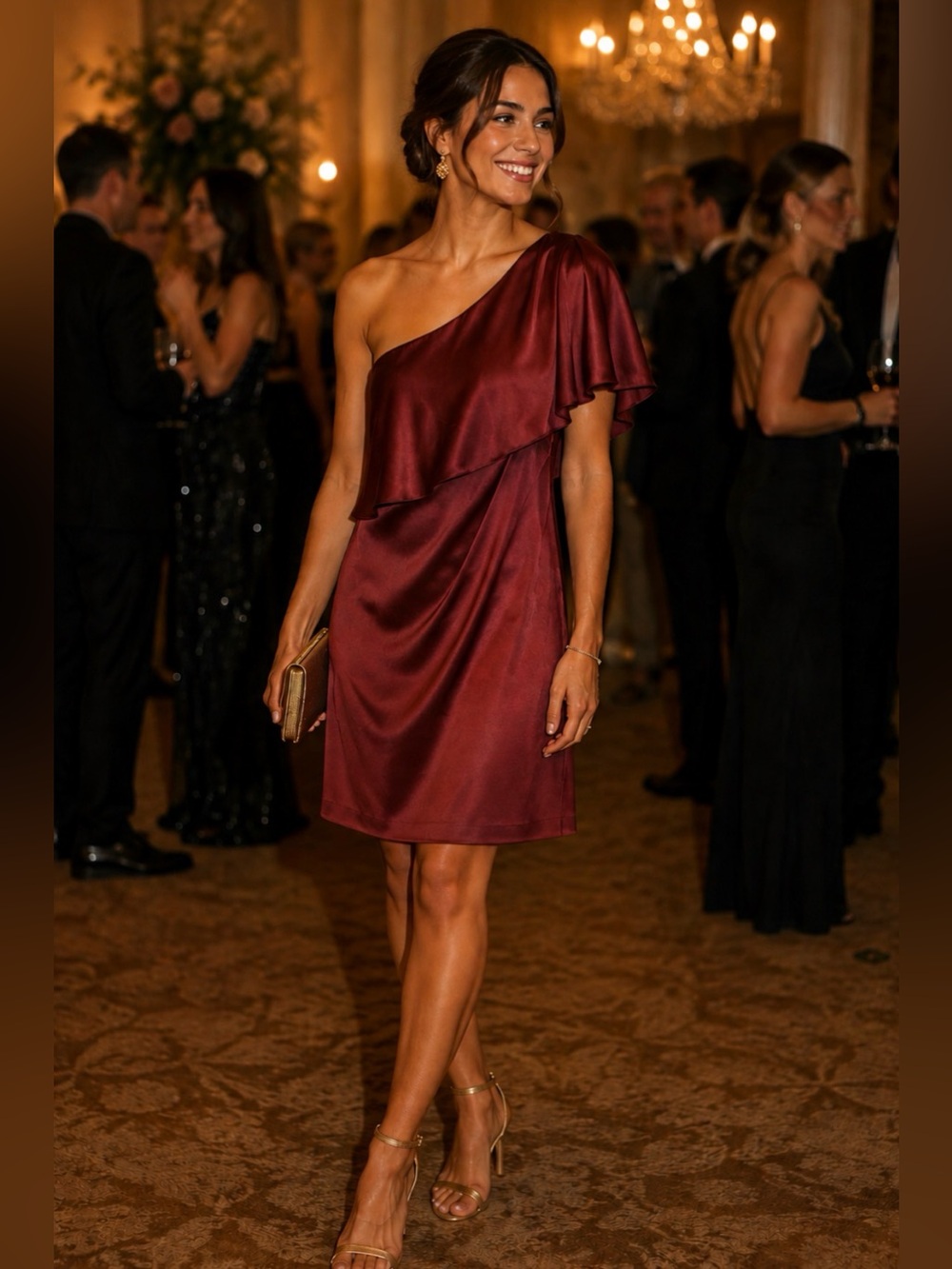 One-Shoulder Satin Dress in Burgundy